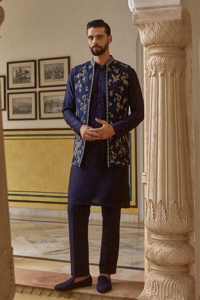 Azar Embroidered Silk Nehru Jacket - Navy Blue